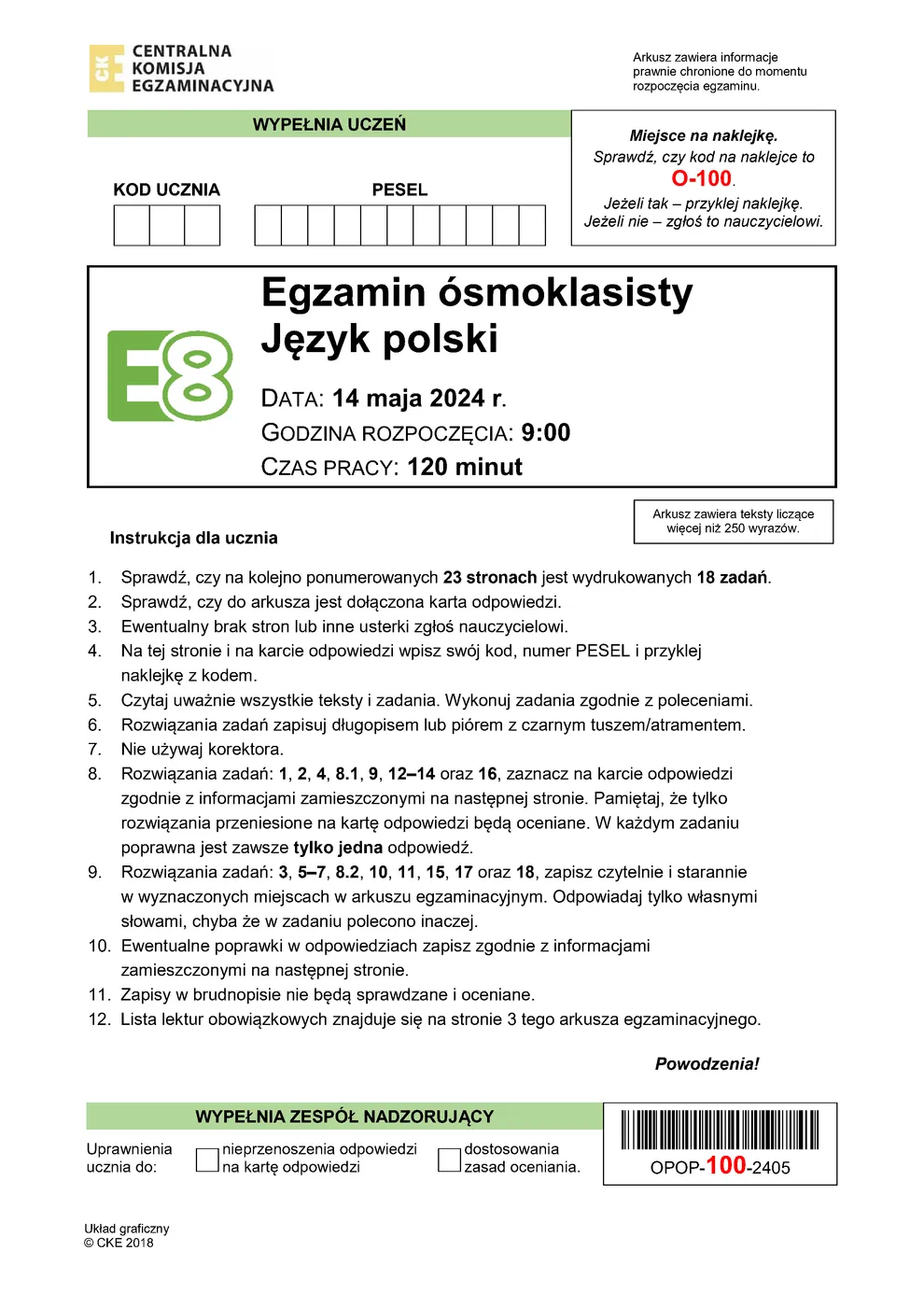 arkusz - polski - egzamin ósmoklasisty 2024 - 0001
