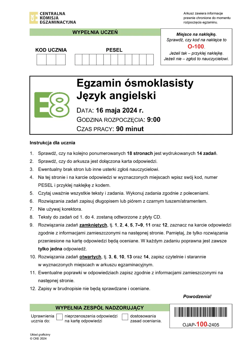 arkusz - angielski - egzamin ósmoklasisty 2024 - 0001