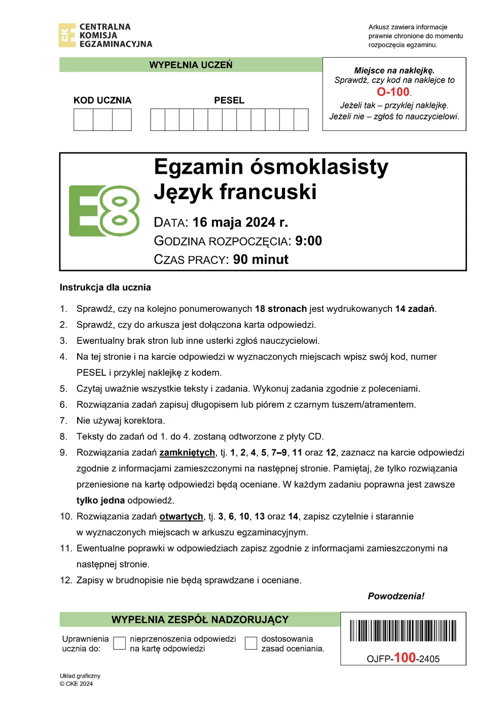 arkusz - francuski - egzamin ósmoklasisty 2024 - 0001