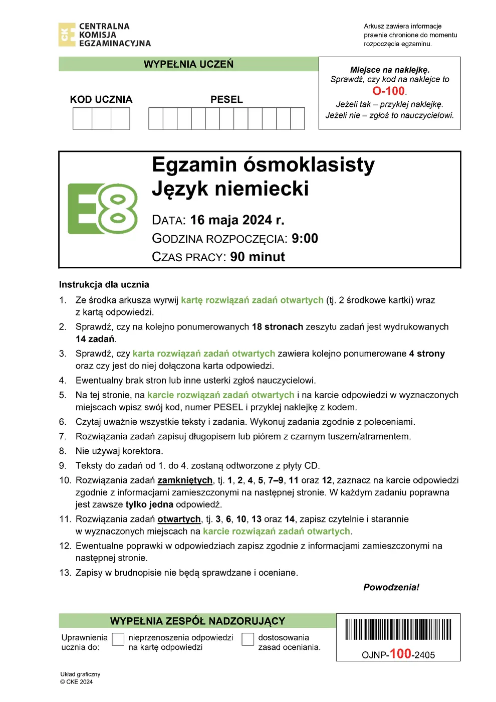 arkusz - niemiecki - egzamin ósmoklasisty 2024 - 0001